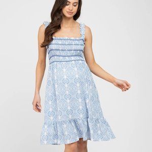 Pinkblush Boutique Blue Printed Smocked Ruffle Maternity Dress